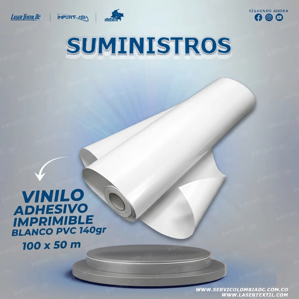 Rollo de vinilo adhesivo imprimible blanco PVC 140gr, 100 X 50Mt