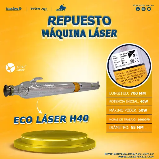 [ECOH40-40W] Tubo láser Co2 40w ECO2 láser H40