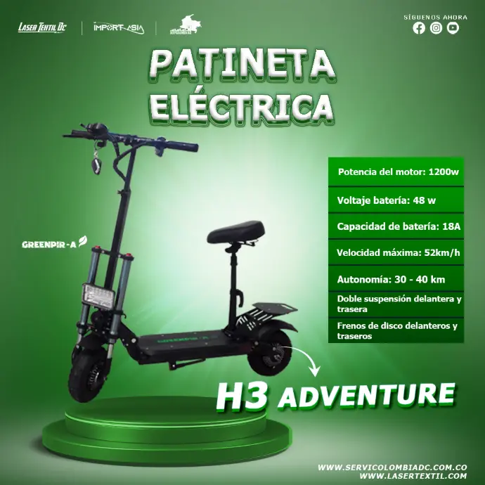 Patineta Eléctrica Greenpir-A ADVENTURE H3 1200W DUAL MOTOR