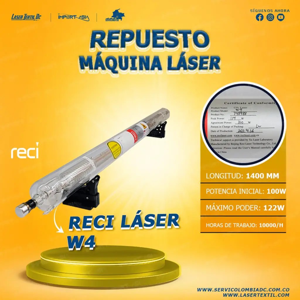[RECIW4-100W] Tubo láser Co2 100w Reci W4