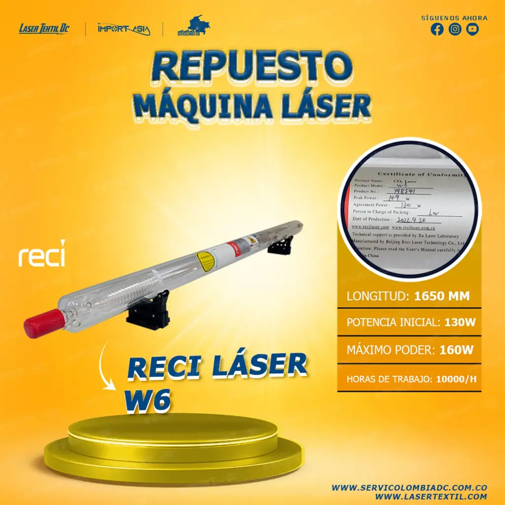 Tubo laser co2 130w Reci W6 