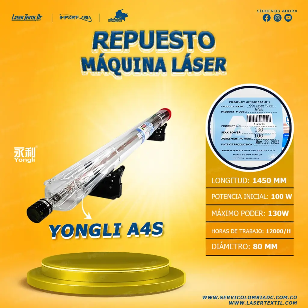 Tubo laser co2 100w Yongli A4S