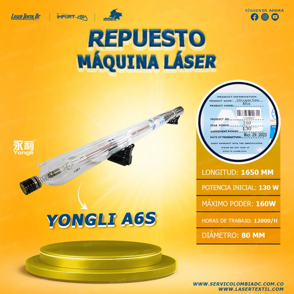 Tubo laser co2 130w Yongli A6S 